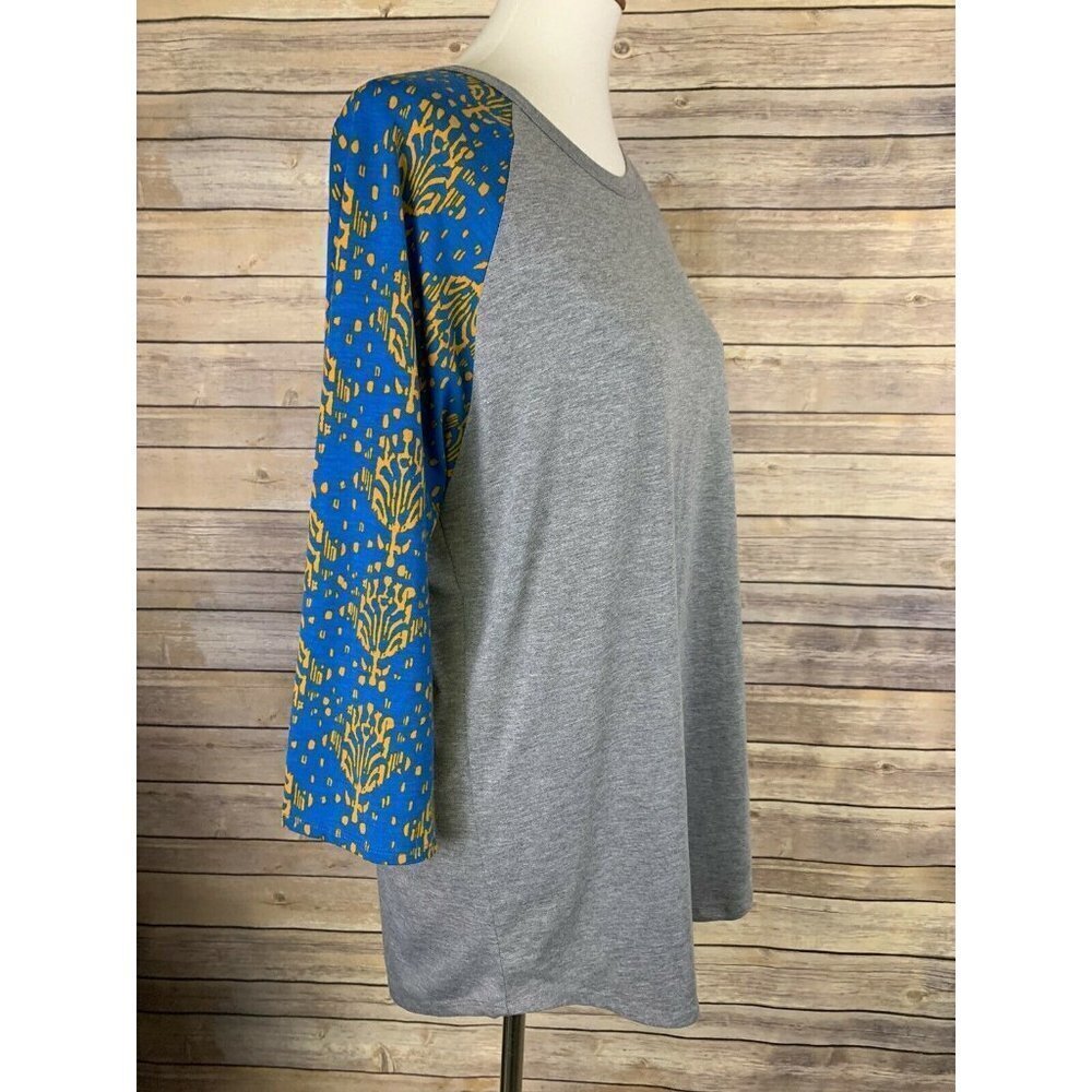 Lularoe Plus 2X Randy Raglan Gray Rounded Hem Blue - Picture 7 of 9